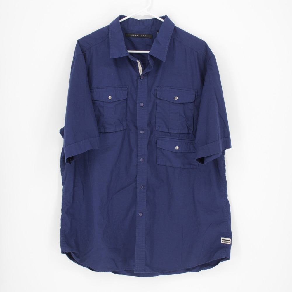 Sean John Men's Y2K Blue Utility Button Up Shirt Short Sleeve Cotton Size 2XL